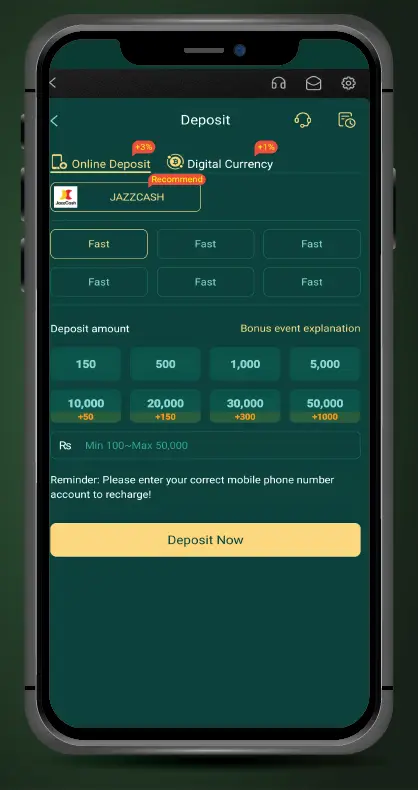 Screenshot showing the deposit options in PK365 Game Pakistan