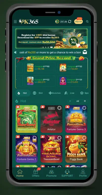 PK365 Game home screen displaying game menus and navigation options